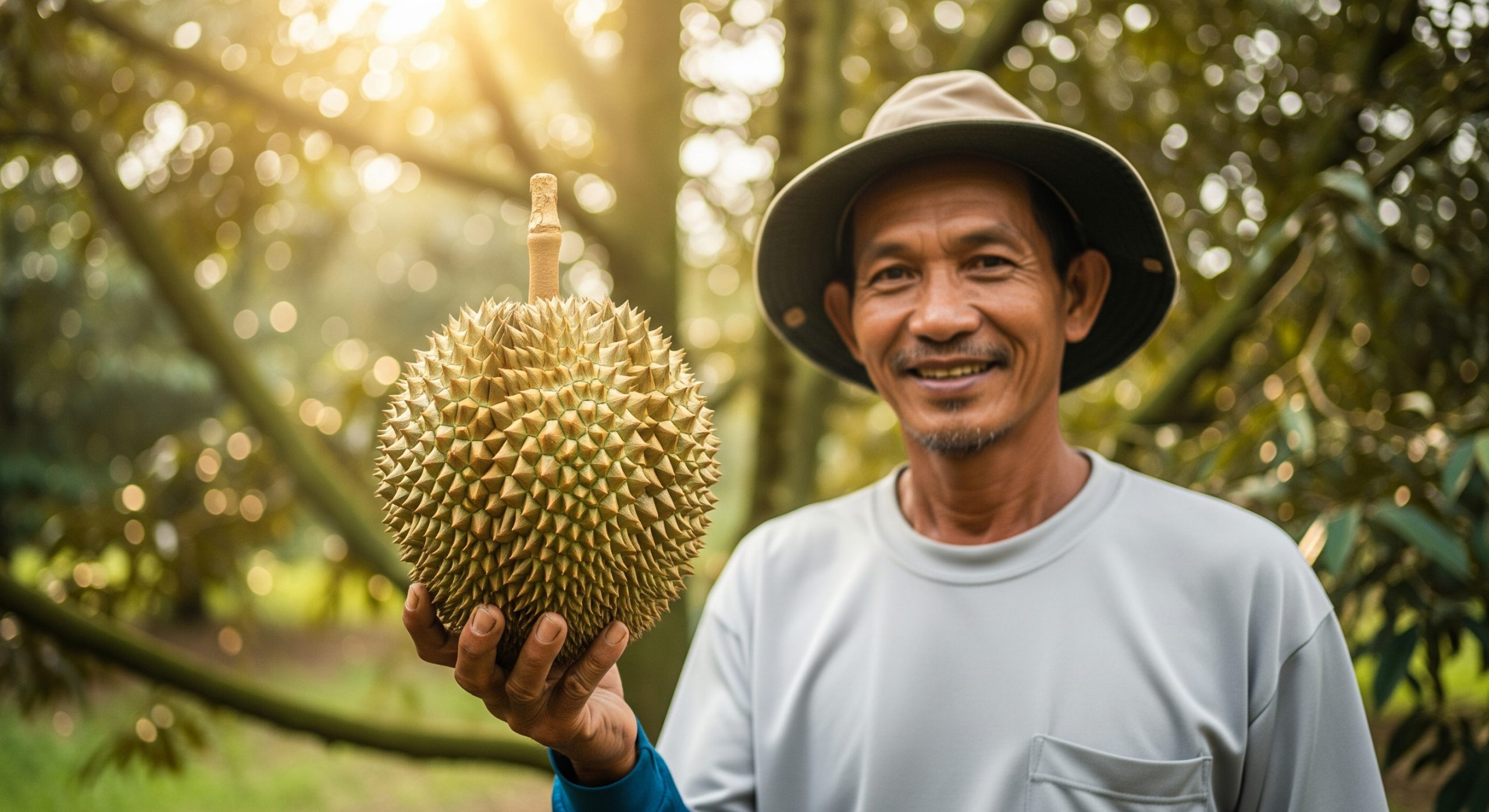 An eye-level outdoor medium shot shows a smiling, dark-skinned East Asian man holding a durian fruit in his right hand. 