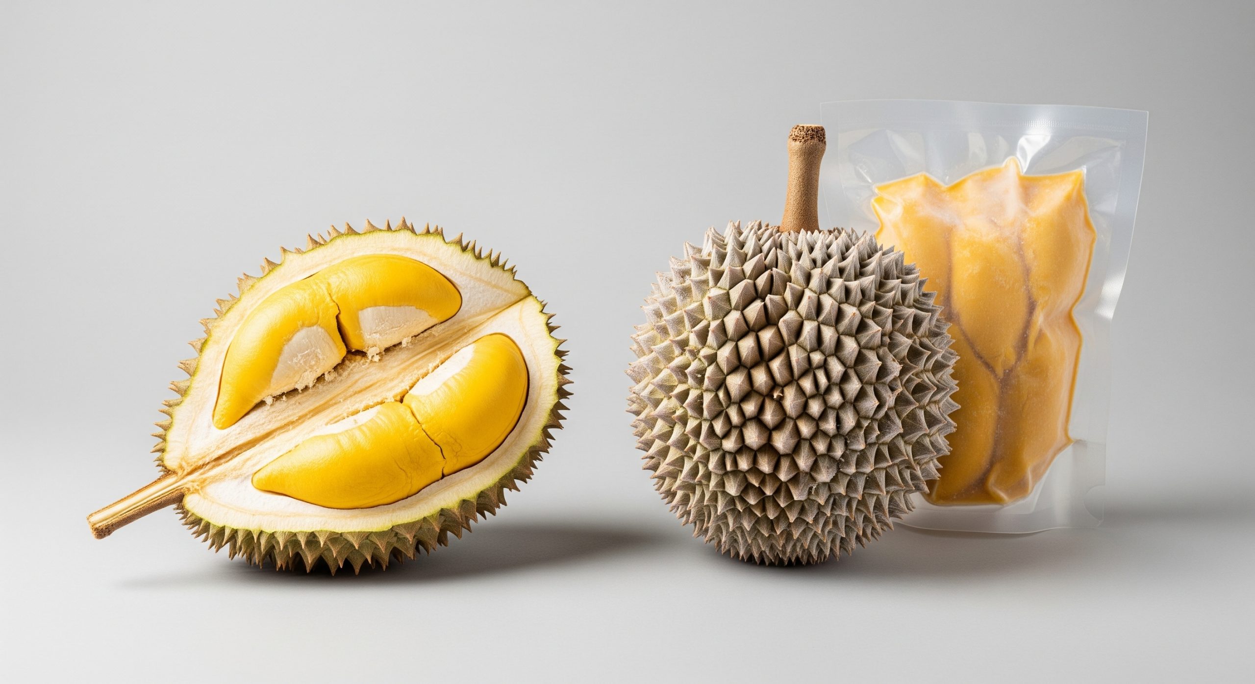 On the left side of the frame is a fresh, perfectly opened Musang King durian. On the right side, there is a whole frozen durian with a light frosty texture, placed next to a transparent, vacuum-sealed package revealing the golden-yellow frozen durian pulp inside. 