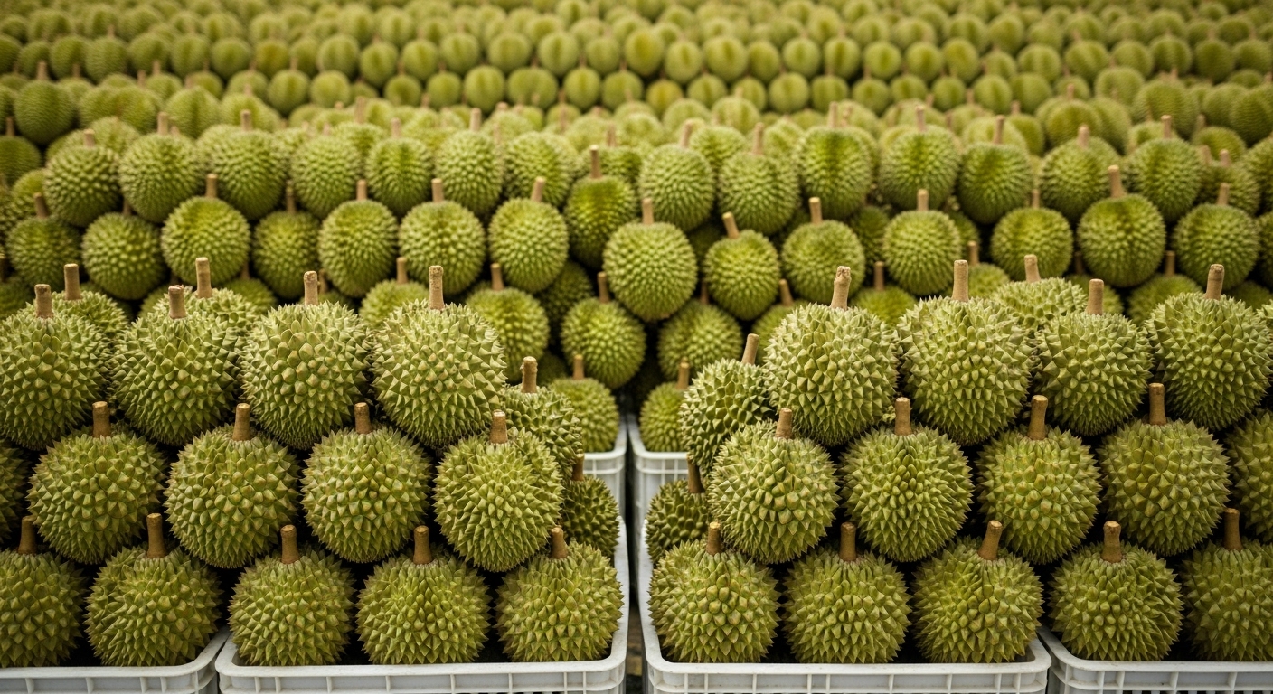 A high-angle, full shot captures an expansive collection of spiky, green durian fruits, methodically arranged in rows. 